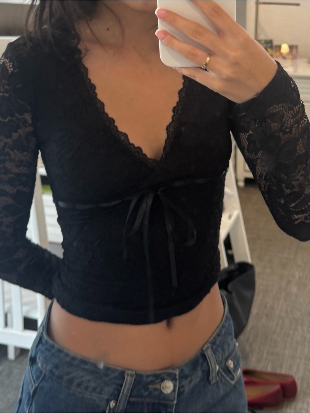 Princess Polly Black Lace Tie-Front V-Neck Crop Top